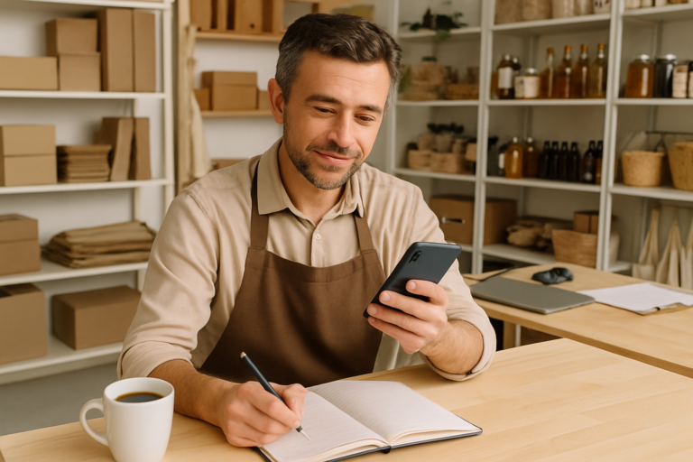 Small-business owner completing a simple weekly cash review at a workbench